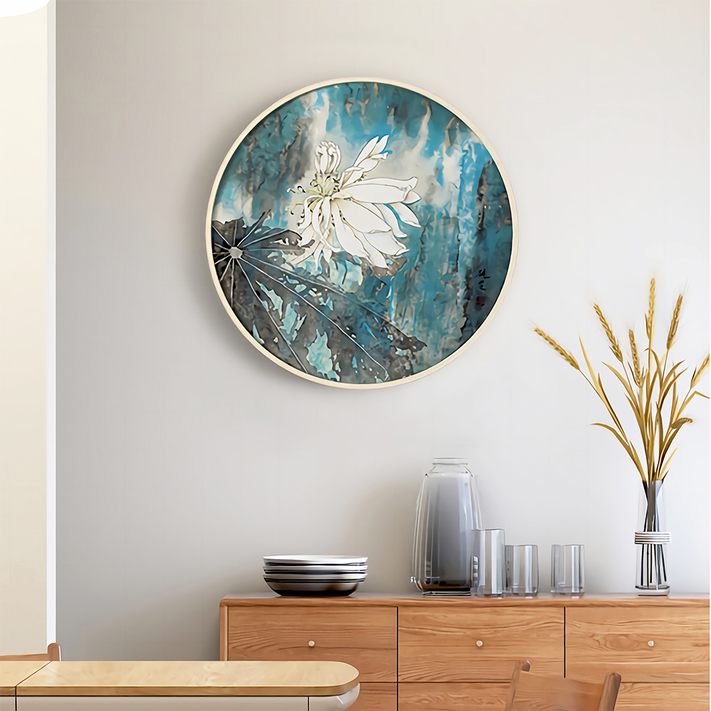 荷花装饰画圆形工笔国画玄关餐厅新中式高端挂画入户门现代简约