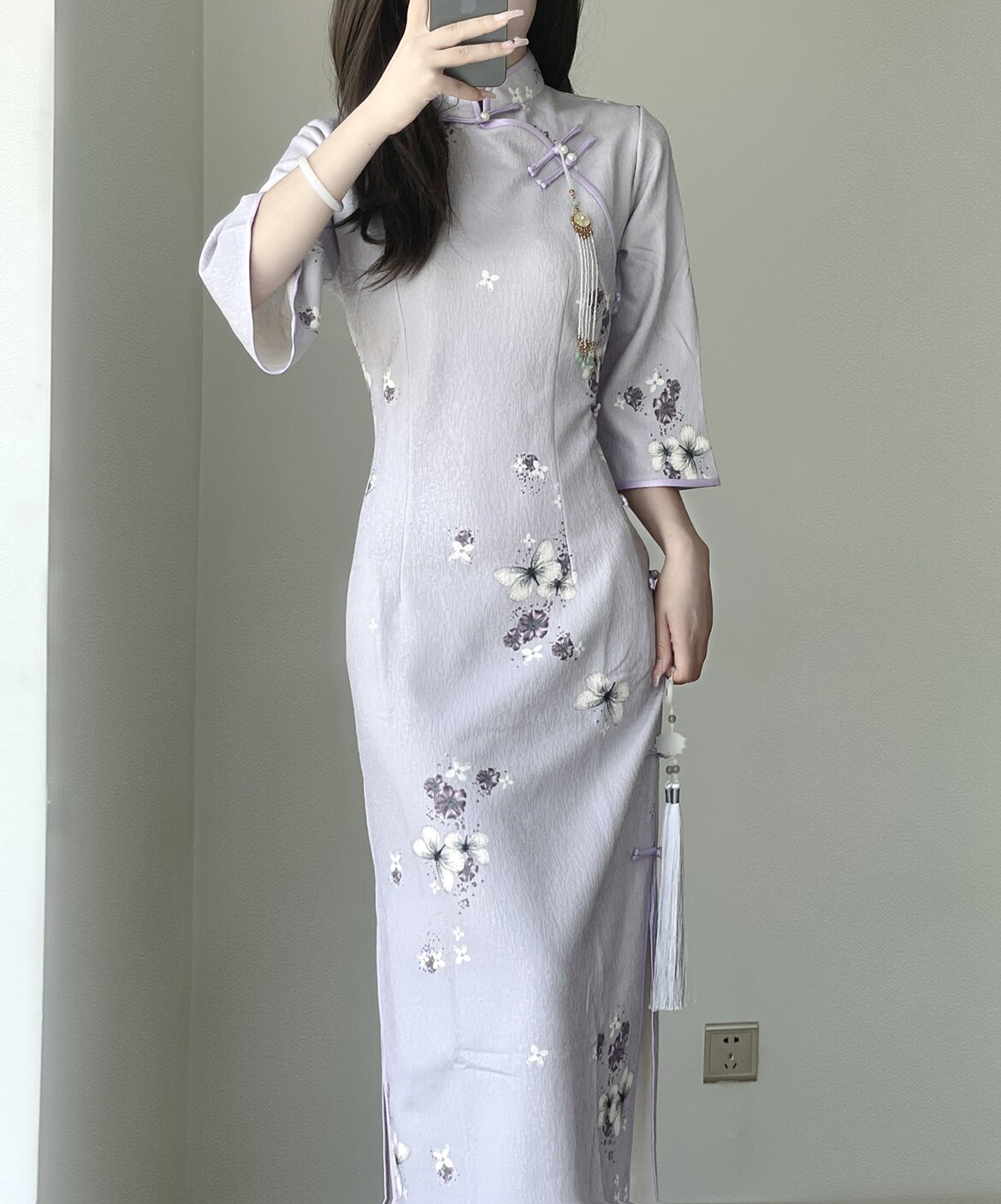 「阿紫」全开襟秋冬新款旗袍绒面紫色长袖复古日常年轻款气质旗袍