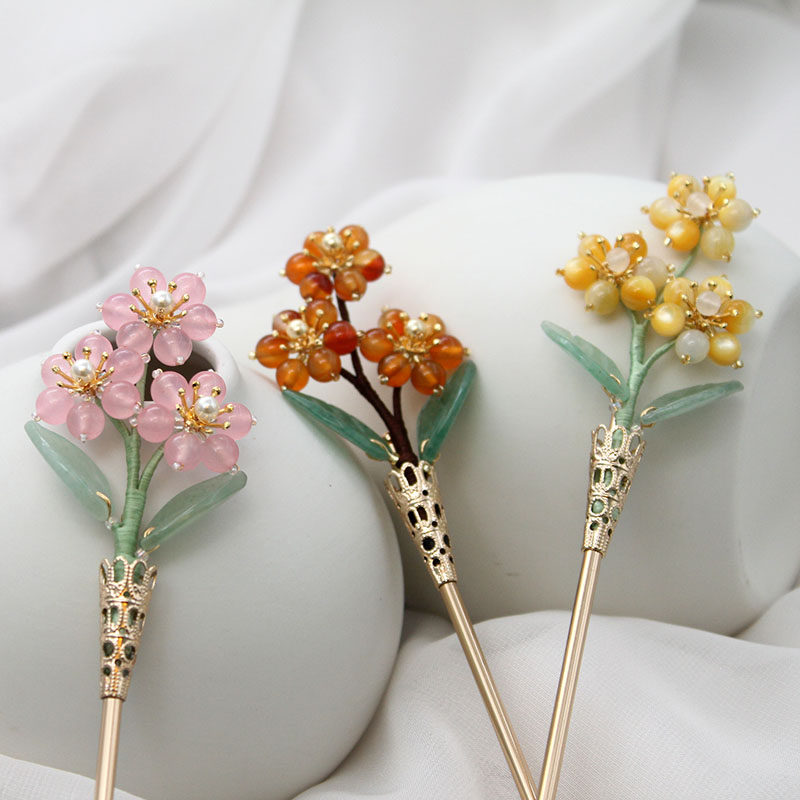 超仙天然石菊花发簪少女森系盘发簪子新中式古风发钗古装汉服发饰