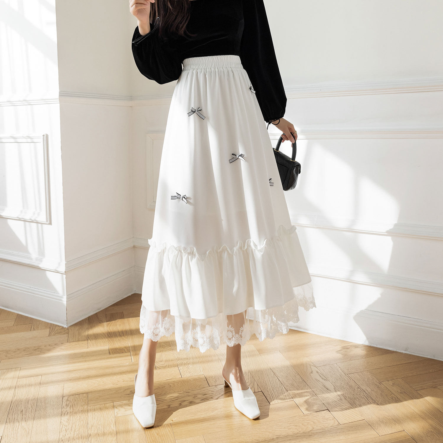 白色半身裙雪纺到脚踝仙女春夏蕾丝气质a字大摆纯欲裙子垂感长裙