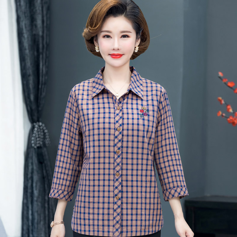 中老年女春秋纯棉衬衣老人夏衬衫