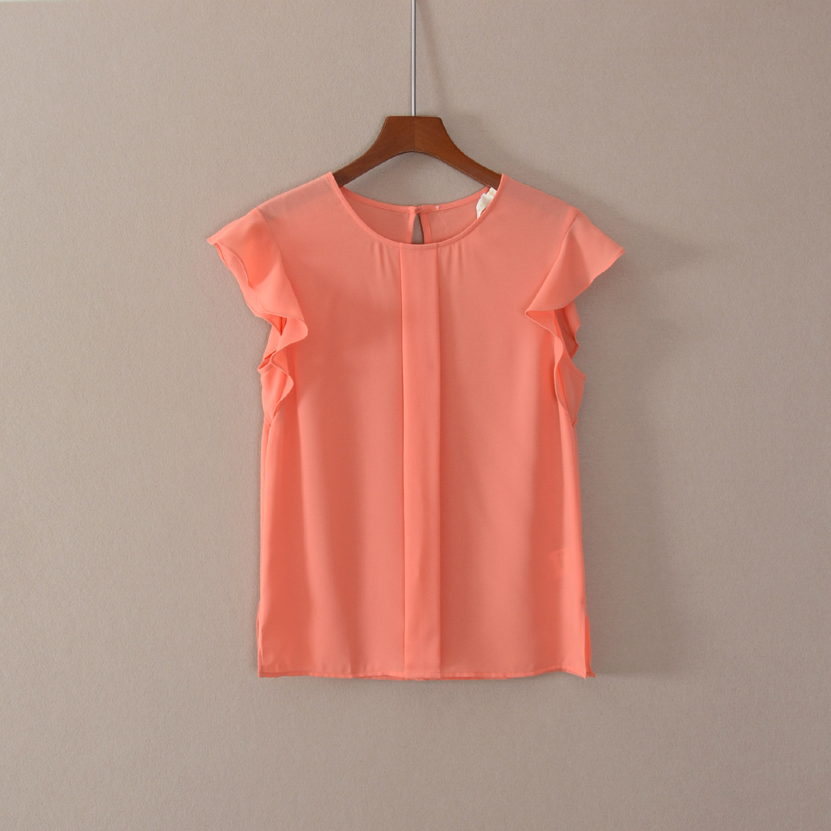 2022年夏装新款女修身短袖圆领纯色荷叶边韩版套头雪纺衫上衣服潮