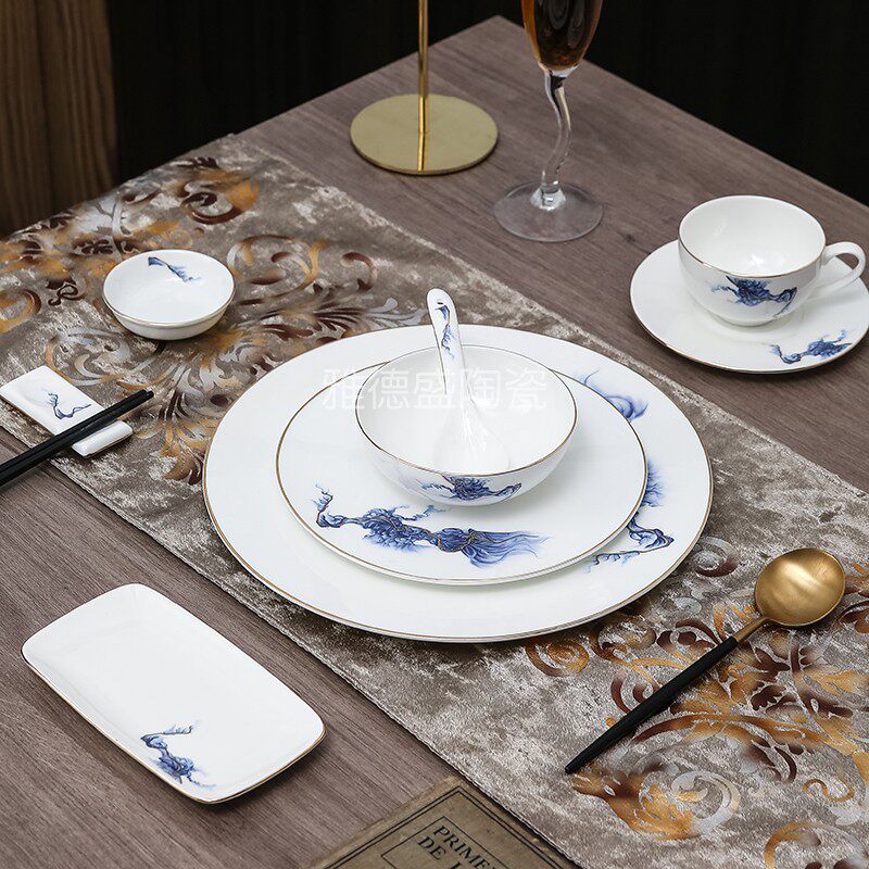新中式酒店餐具摆台轻奢高颜值陶瓷碗碟盘勺套装骨瓷会所中国风