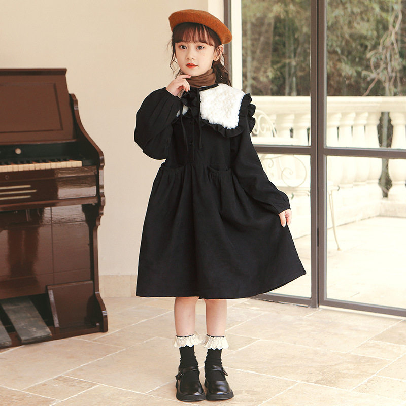 女童裙子冬季加棉羊羔绒海军领儿童公主连衣裙黑色女童加绒连衣裙