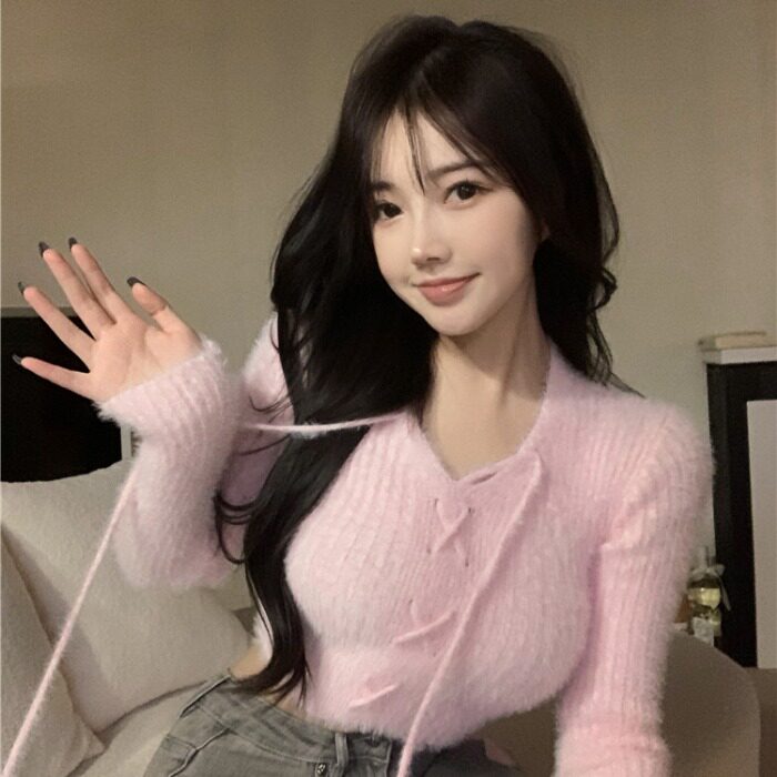 网红直播女装气质显胸大女主播诱惑装清纯毛绒绒针织衫女绑带毛衣