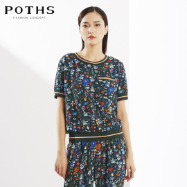 POTHS/铂玺正品2019年夏装优雅短袖印花休闲运动小衫女98201156