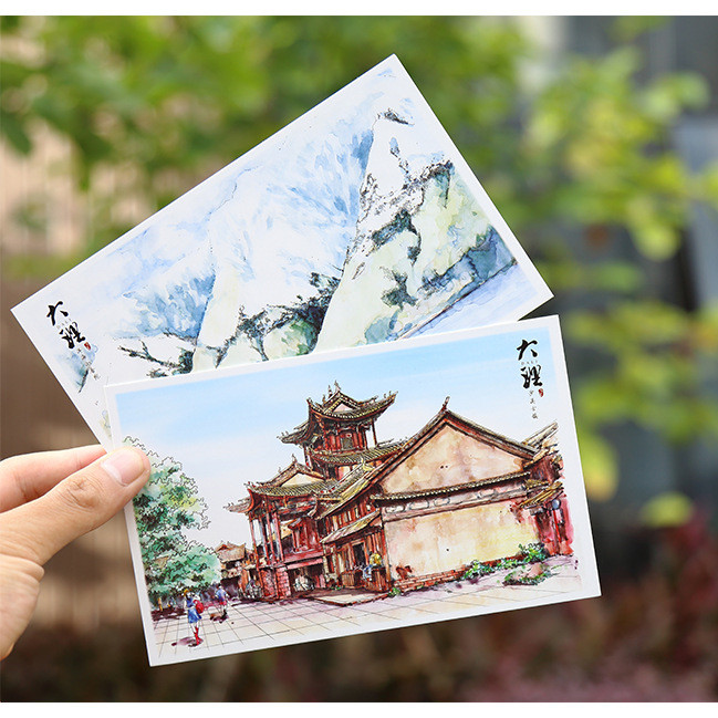 云南旅游纪念品 风花雪月南诏国手绘大理风景明信片 洱海崇圣三塔