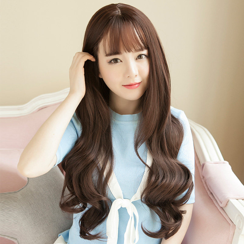 圆脸_长卷发假发女大波浪烫发仿真全头套光头圆脸哑光中分空气刘海