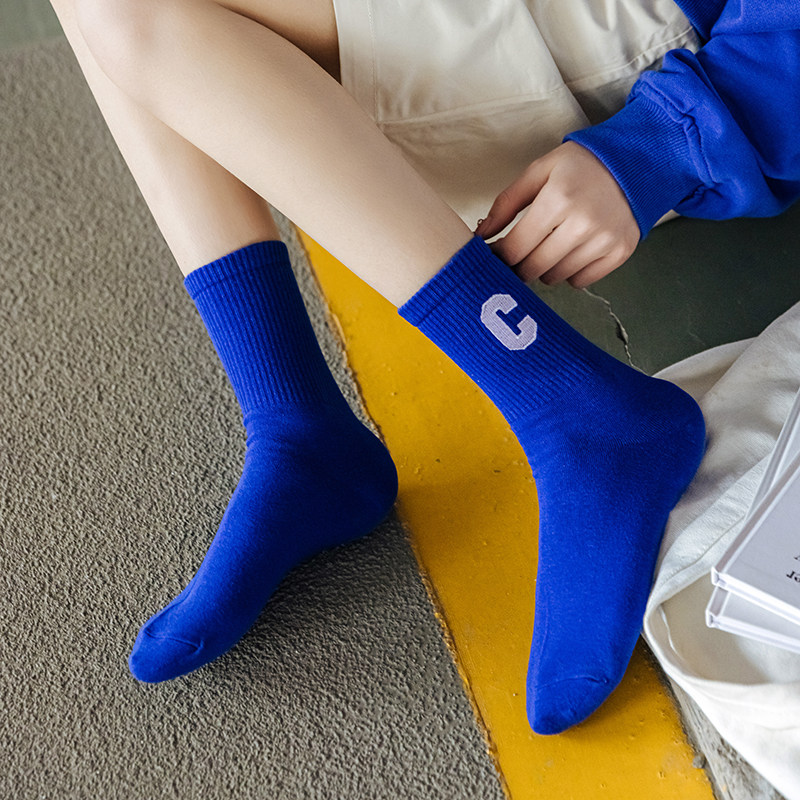 帕耐克丝外穿克莱因蓝色大c字母中筒袜子ins潮流时尚网红款女生高