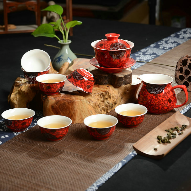 中国红釉红兰藤结婚红色盖碗茶壶茶杯敬茶杯陶瓷功夫茶具公道杯