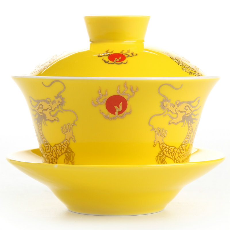中式结婚敬茶碗黄色陶瓷三才盖碗茶杯单个复古清代宫廷风皇帝龙纹