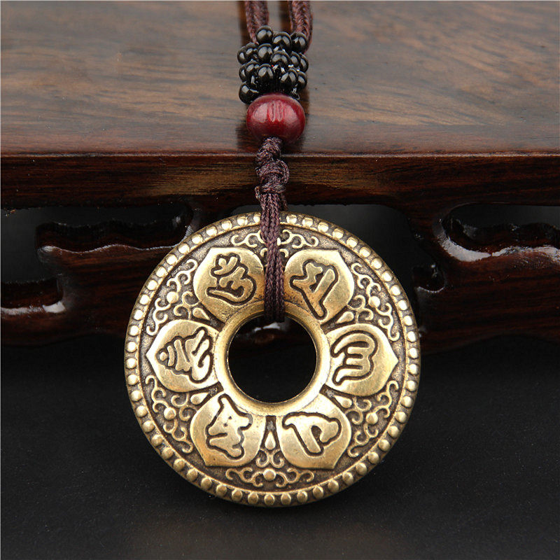 佛教纯铜复古实心六字真言平安扣吊坠项链男女饰品挂件转运保平安