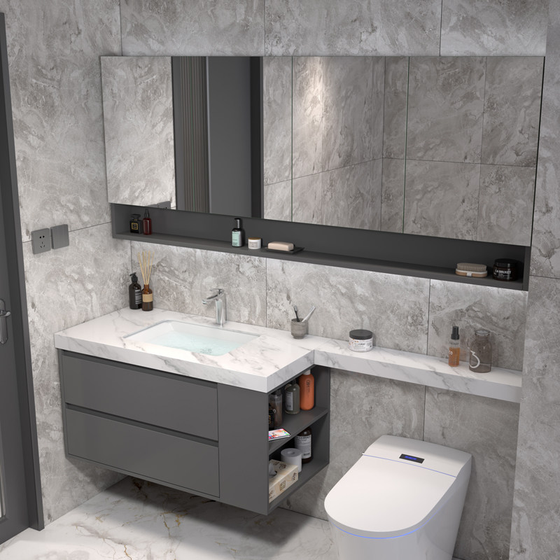 橡木浴室柜组合岩板台面延长切角一体卫生间洗漱台洗手脸盆柜定制