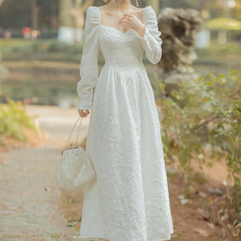 法式复古宫廷风提花显瘦气质领证小白裙初恋系仙女超仙长袖连衣裙