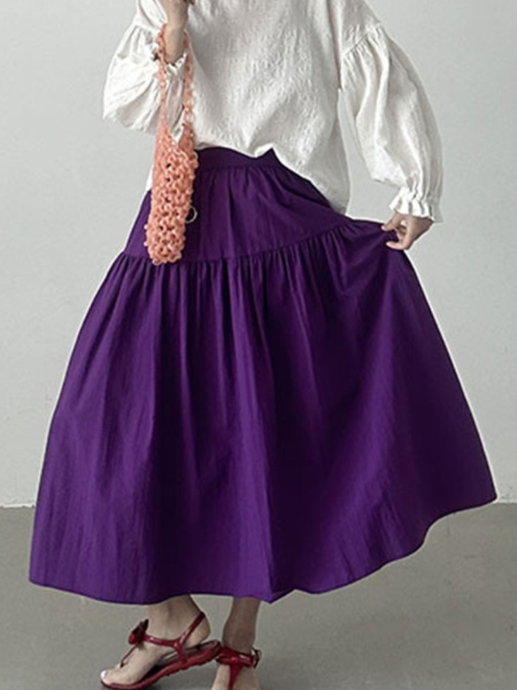 韩国chic夏季法式复古气质日系简约百搭后松紧紫色中长款半身裙女
