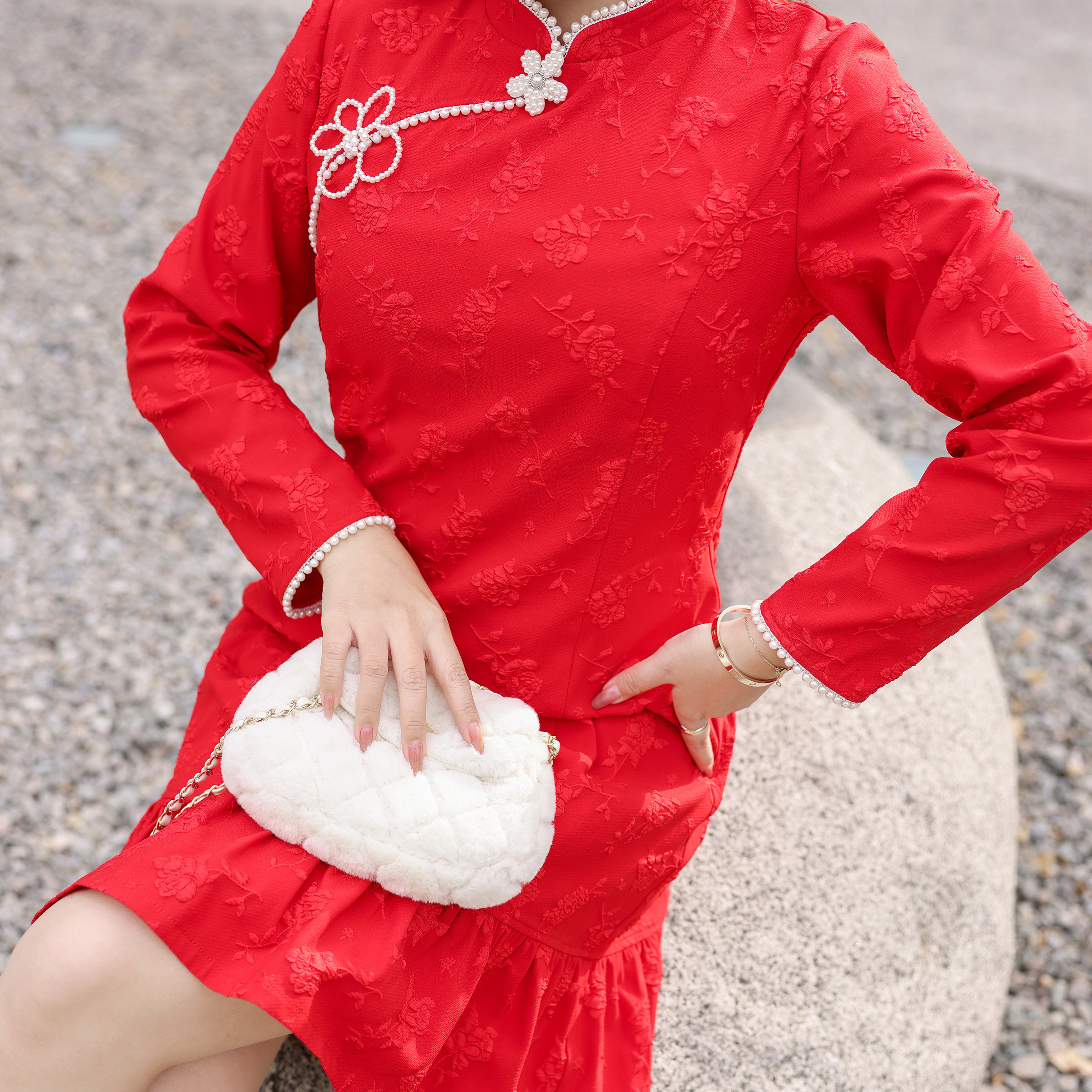 特大码女装胖mm炸街冬装民国改良国潮旗袍裙子红色复古连衣裙秋冬