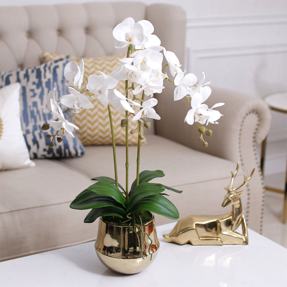 高档样板房客厅手感假花干装饰花白色仿真花艺蝴蝶兰盆栽套装摆设