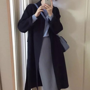 2022年秋冬新款赫本风藏蓝色双面羊绒大衣女中长款小个子呢子外套