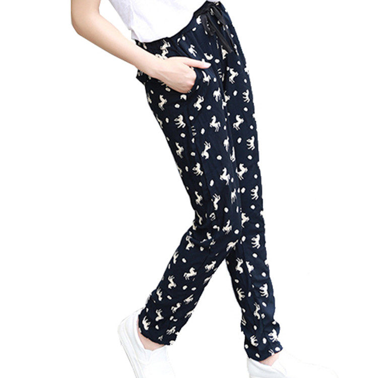 夏季人造棉女裤子纯棉绸哈伦裤长裤薄款松紧腰大码胖mm绵绸休闲裤