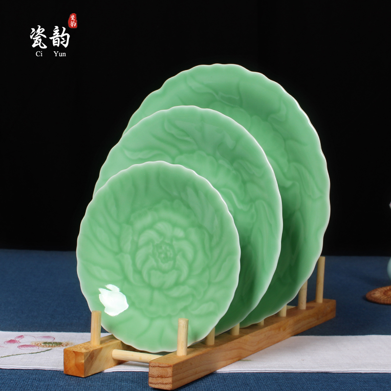 龙泉青瓷牡丹餐具套装 陶瓷圆盘子菜盘骨碟 6-10寸家用微波炉盘子