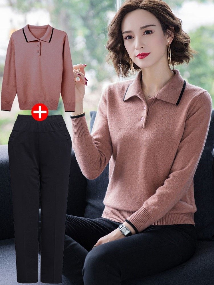 中年妈妈早秋装套装女两件套年轻洋气时尚2021新款秋款上衣春秋冬