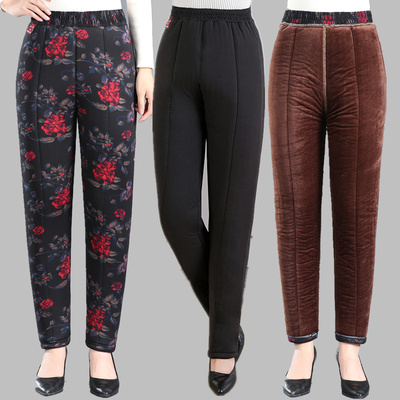直筒裤奶奶棉裤高腰深裆大码保暖老人加厚弹力内穿驼绒中老年女装