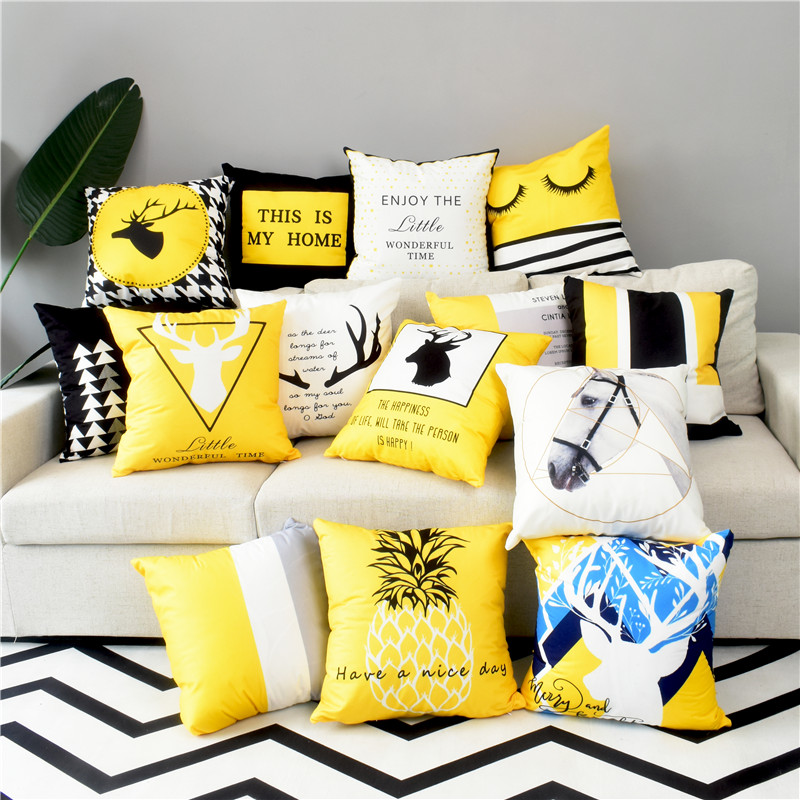 北欧几何印花抱枕套样板房卡通靠垫简约客厅沙发黄色飘窗风格枕