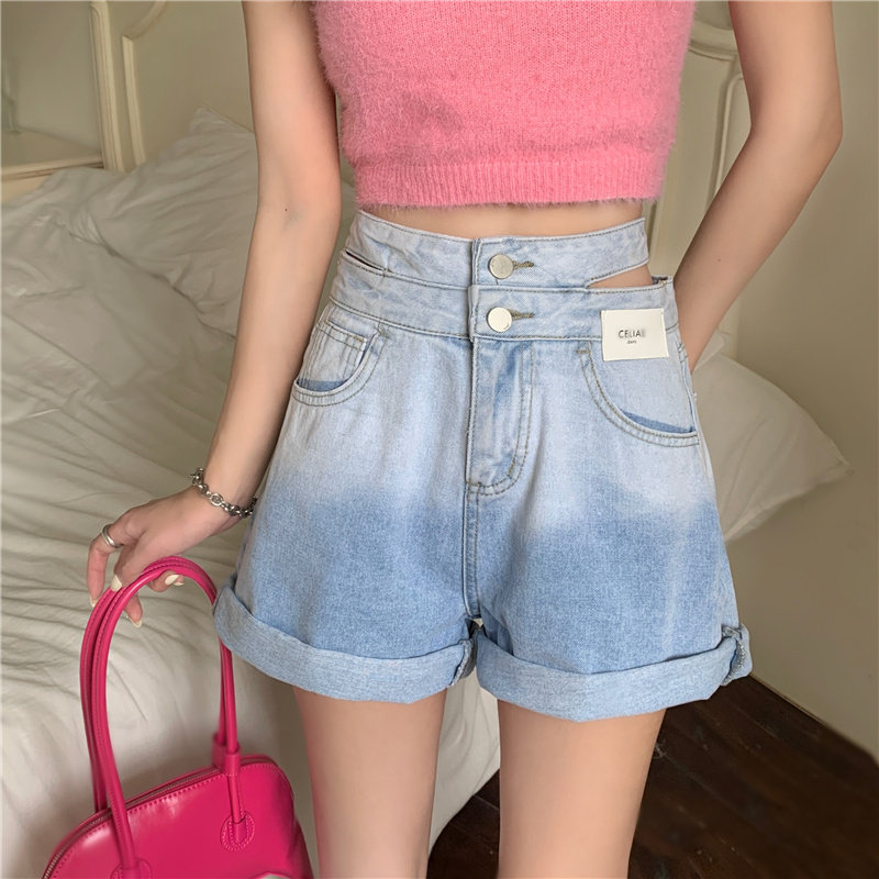 实拍实价 设计感镂空露腰卷边气质宽松阔腿休闲短裤