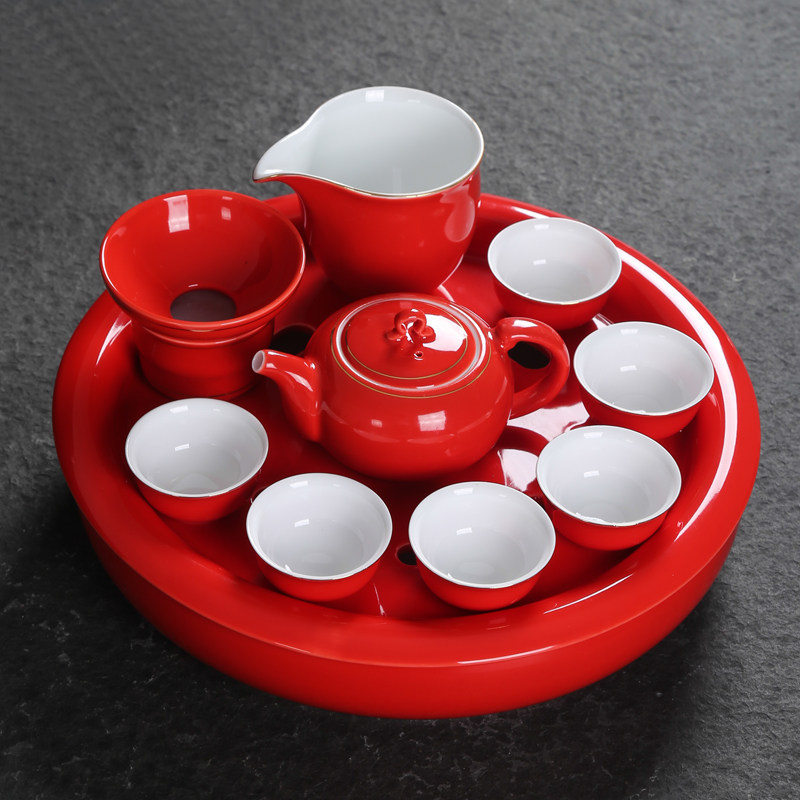 高档陶瓷红釉功夫茶具套装红色描金大号蓄水茶盘整套茶具家居送礼