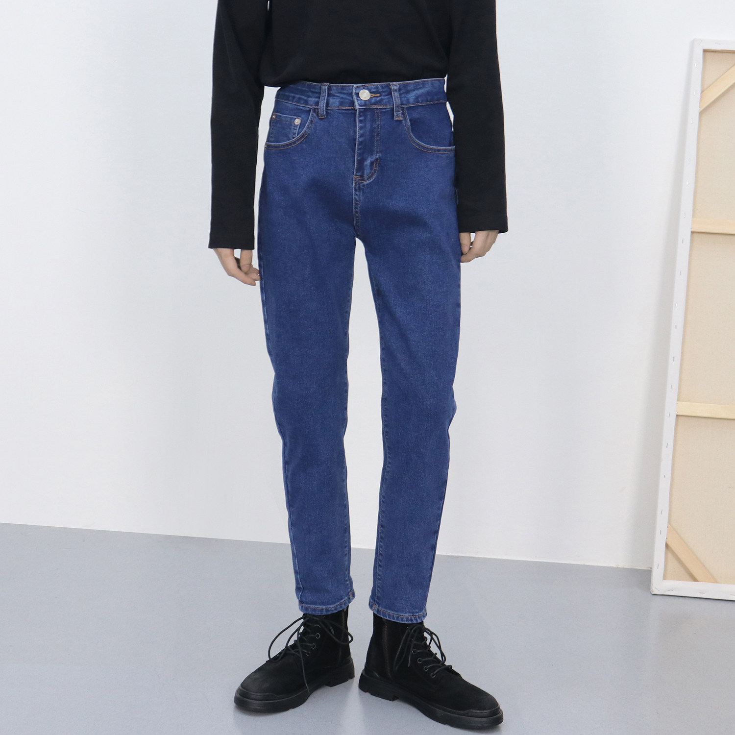 经典百搭高街痞帅深蓝色牛仔裤男韩版潮流修身小脚休闲直筒裤子男