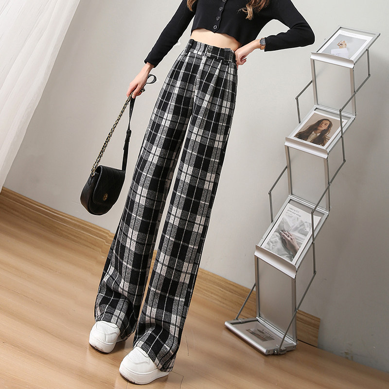 格子直筒阔腿裤女春秋新款高腰宽松垂坠感时尚西装裤休闲裤子女