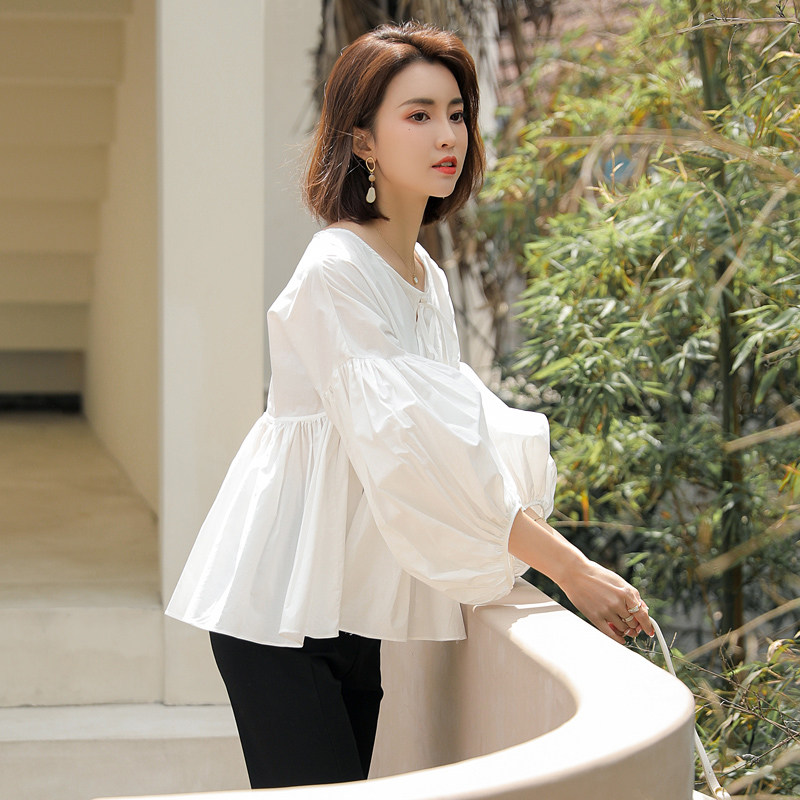 纯棉白衬衫女灯笼袖2021新款p65日系甜美减龄娃娃洋气宽松上衣