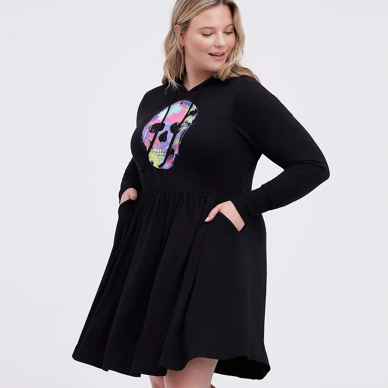 200斤大码女装胖m外贸出口欧美骷髅头黑色连帽卫衣收腰字连衣裙秋