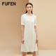 FUFEN福芬新款夏通勤连衣裙修身圆领气质短袖白色女裙子LY-12878