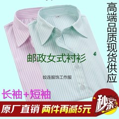 中国邮政储蓄银行工作服女式长袖衬衫邮局制服 粉绿色条纹秋冬装