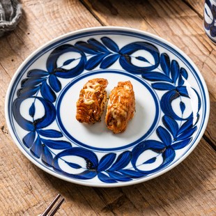 手绘蓝海草日本进口陶瓷日式餐具8英寸平盘大号菜盘盘子家用圆盘
