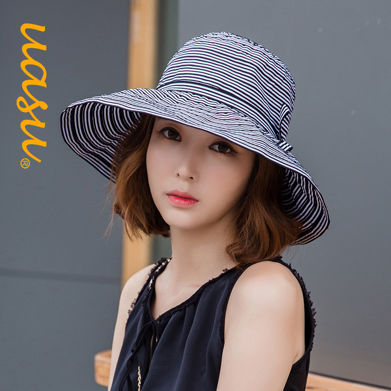 日系韩版条纹遮阳帽女士优雅太阳帽夏季户外百搭沙滩渔夫帽盆帽子