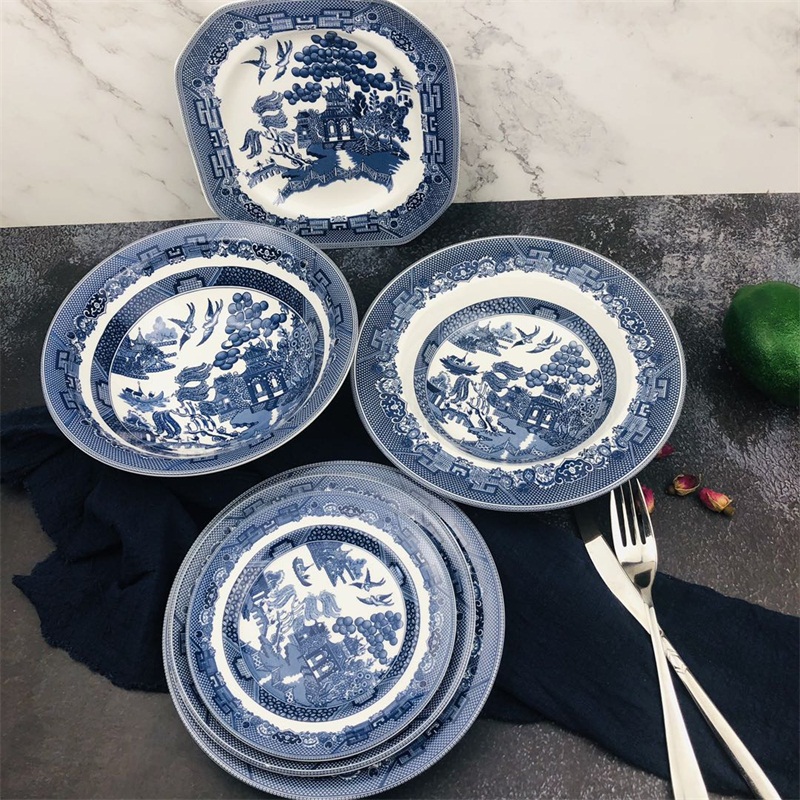 出口英国家用餐具盘子中国风西厢记谷物碗平盘马克杯蓝色青花套装