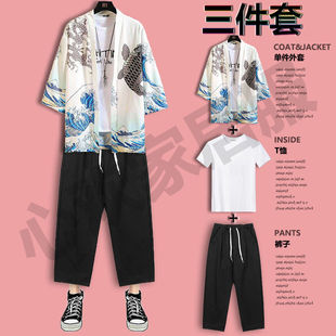 中国风男装套装夏季防晒日式开衫道袍短袖九分裤一套很仙的上衣服