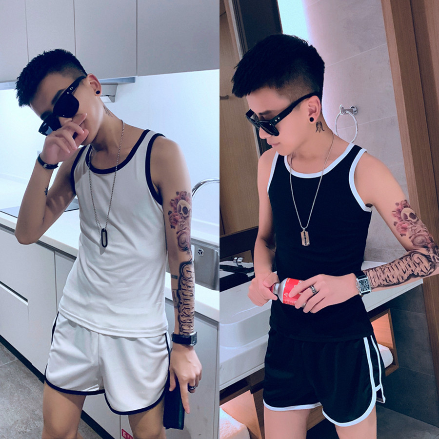 精神小伙套装男 两件套 夏季_网红同款运动背心套装男夏季社会精神