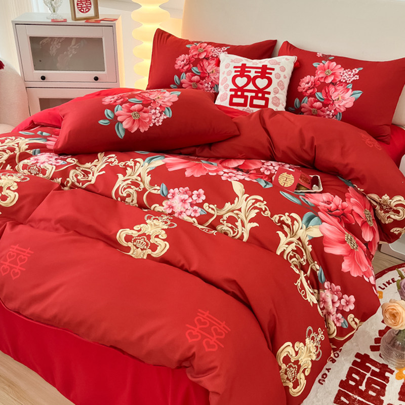 复古红色印花四件套花卉结婚被套喜庆陪嫁床单小清新婚庆床上用品