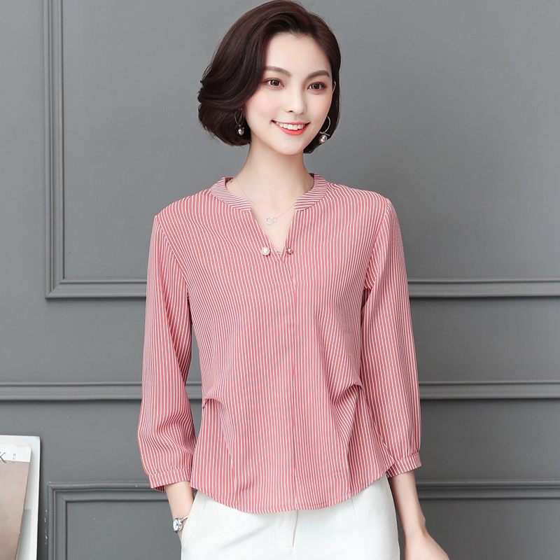PF12099# 雪纺衬衫女长袖秋装新款韩版洋气小衫气质条纹显瘦遮肚子上衣女裝貨源服裝批發
