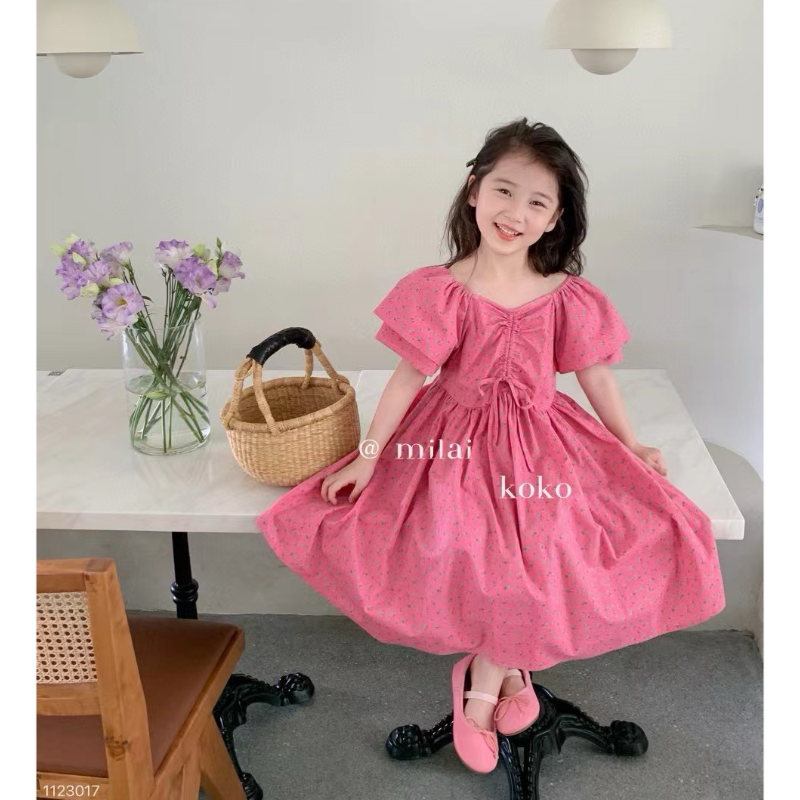 milaikoko韩版儿童裙子夏季新款女童洋气甜美小花飞公主袖连衣裙