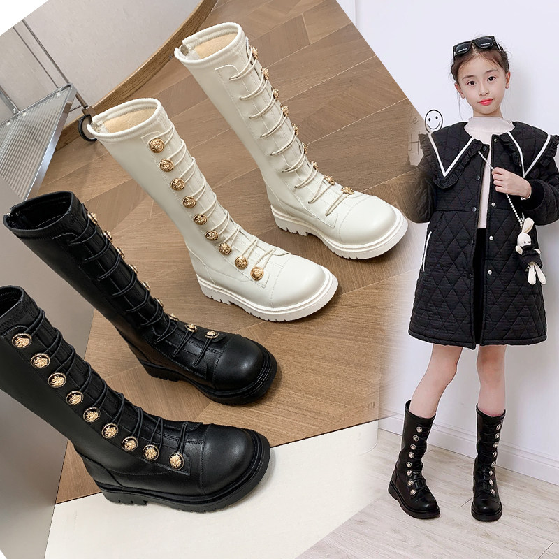 韩版女童长筒靴子2023秋冬洋气长靴加绒棉靴高筒靴小女孩皮靴 原价270