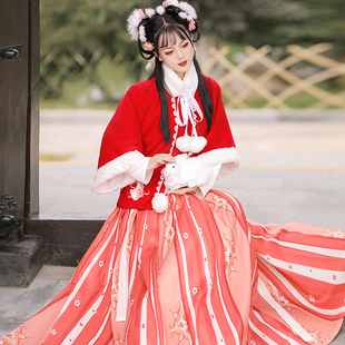 古装加厚中国风明制三件套过年红色全套秋冬款冬季初中学生女汉服