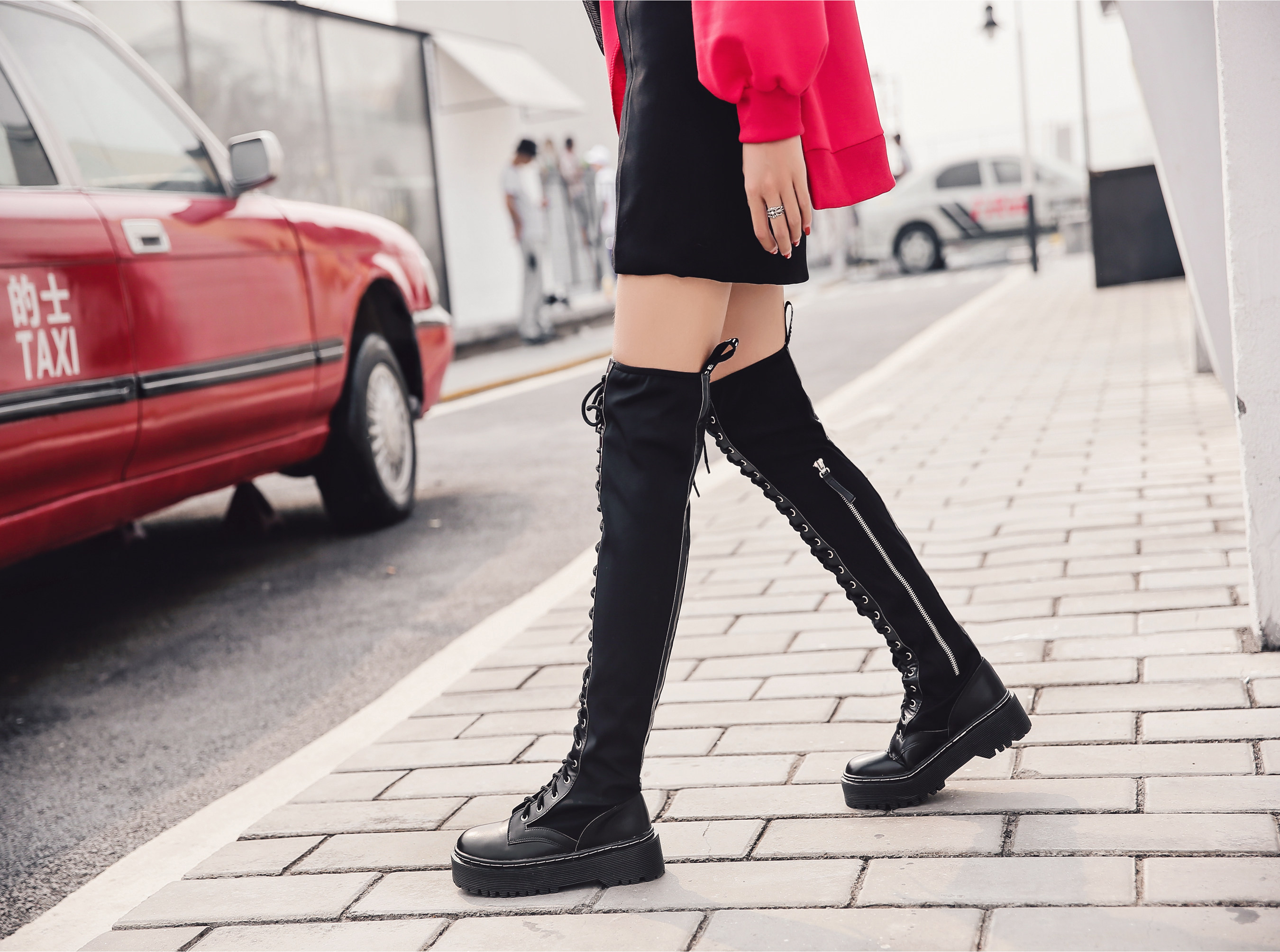 欧美朋克机车马丁潮秋2019冬季厚底绑带高筒靴系带弹力过膝女长靴