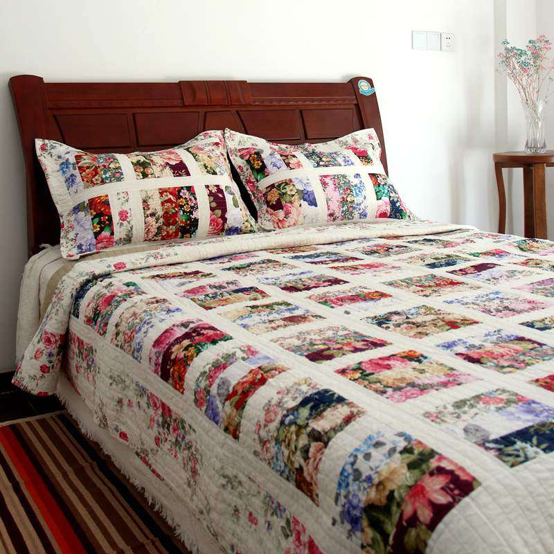 斜纹美式拼布绗缝被三件套田园床盖双人床品夹棉床罩床单水洗被空