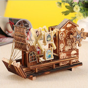 Creative rotating windmill wooden sailing pen holder music box clockwork music box children's birthday teacher's day gift