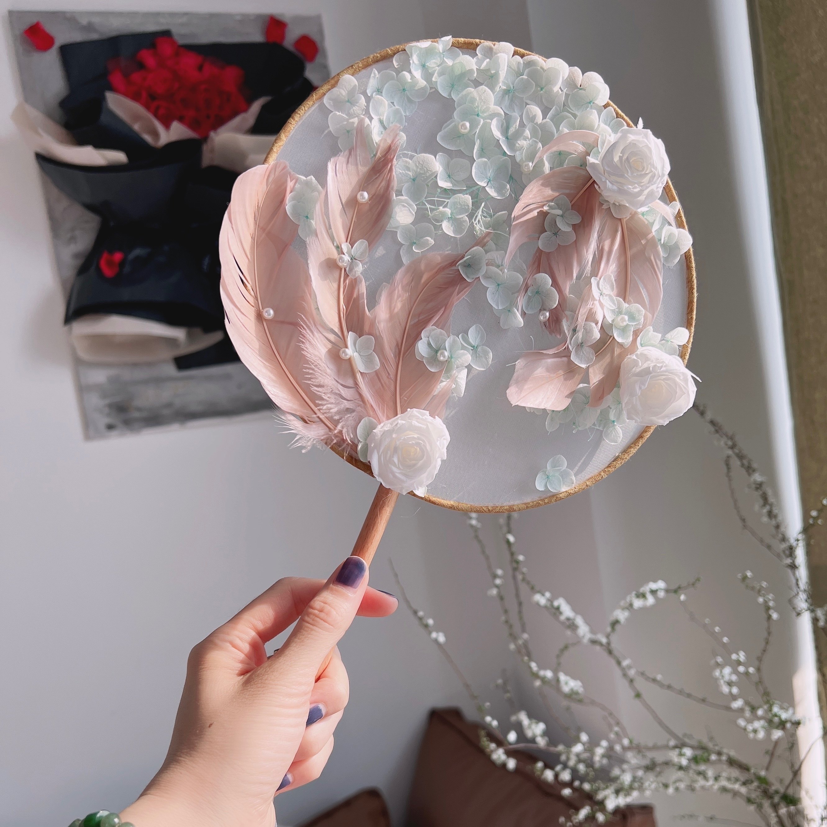永生花团扇手工礼品花diy送闺蜜女朋友新款礼物定制手作原创家装