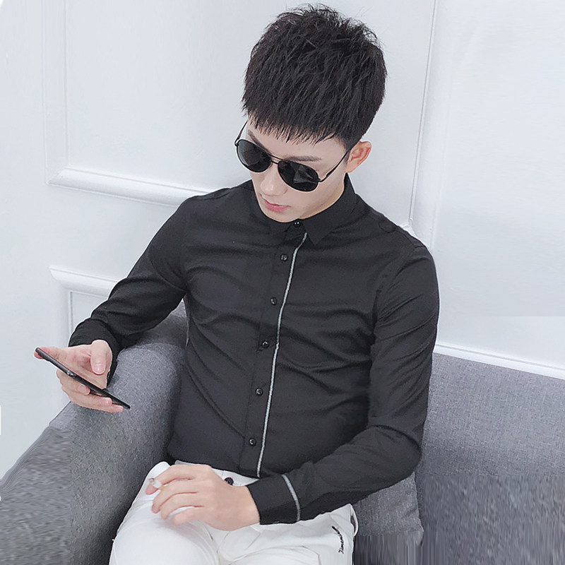 发型师男长衬衫男青年商务休闲百搭长袖衬衣韩版修身夜店男寸衫潮